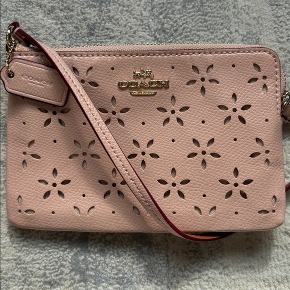 Coach Handbags - Coach Pink Floral Cutout Wristlet